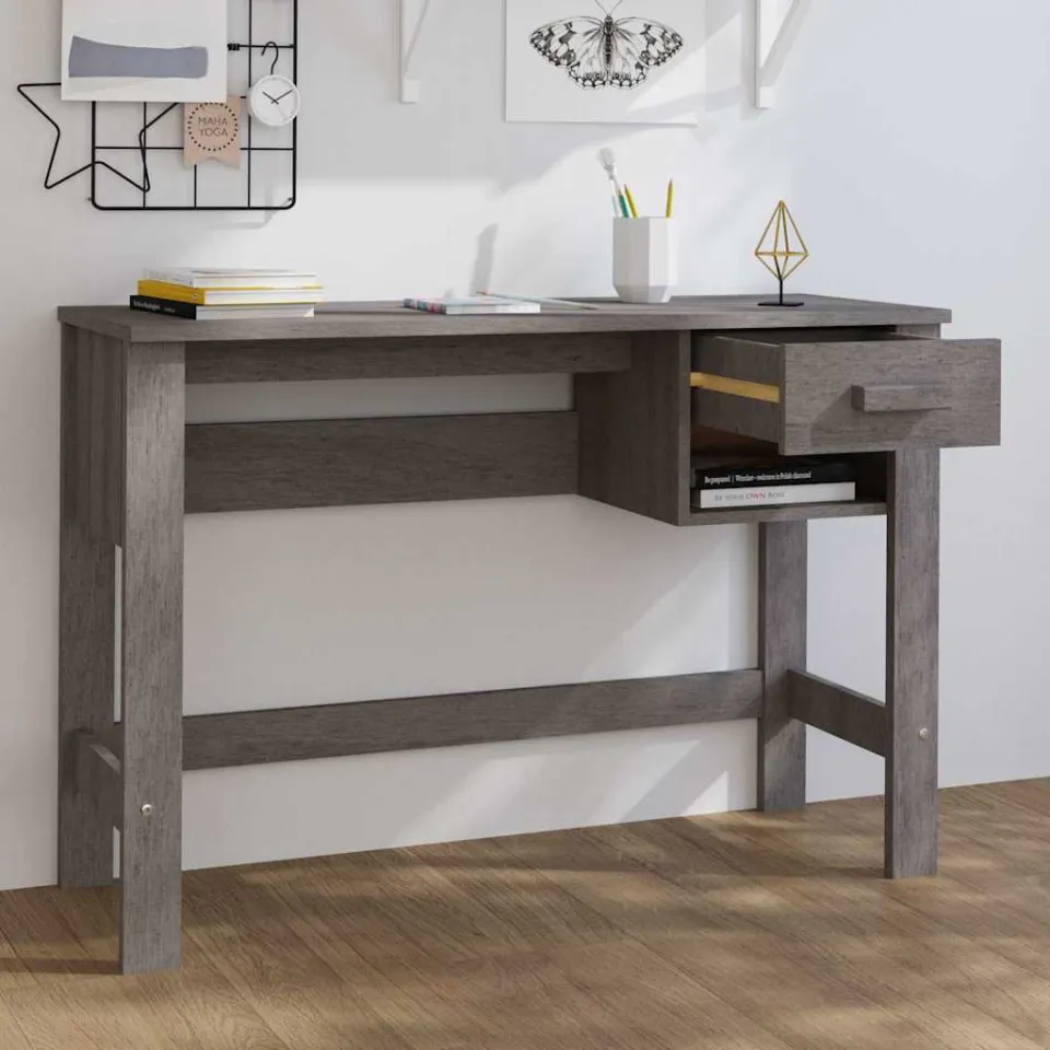 vidaXL Bureau HAMAR 110x40x75 cm massief grenenhout lichtgrijs grijs, foto 3