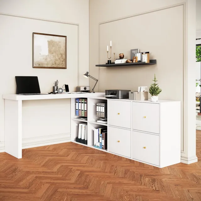 MEUNIQ L-vormig draaibaar bureau 360° met 4 lades en 4 open vakken, MDF werkblad, opbergruimte voor kantoor en thuiskantoor, wit