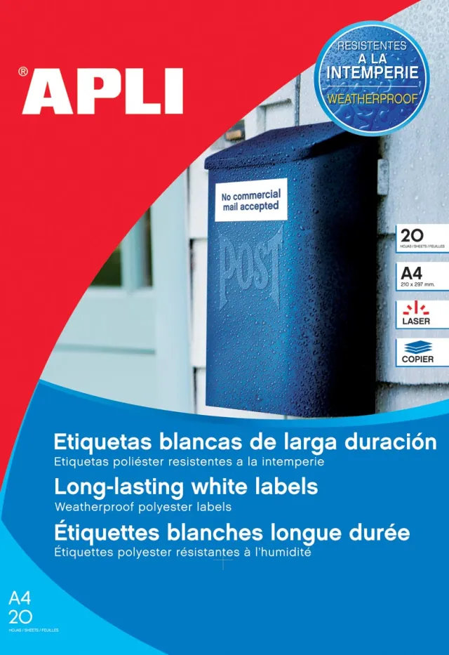 Apli weerbestendige etiketten ft 210 x 297 mm (b x h), 20 stuks, 1 per blad, doos van 20 blad wit