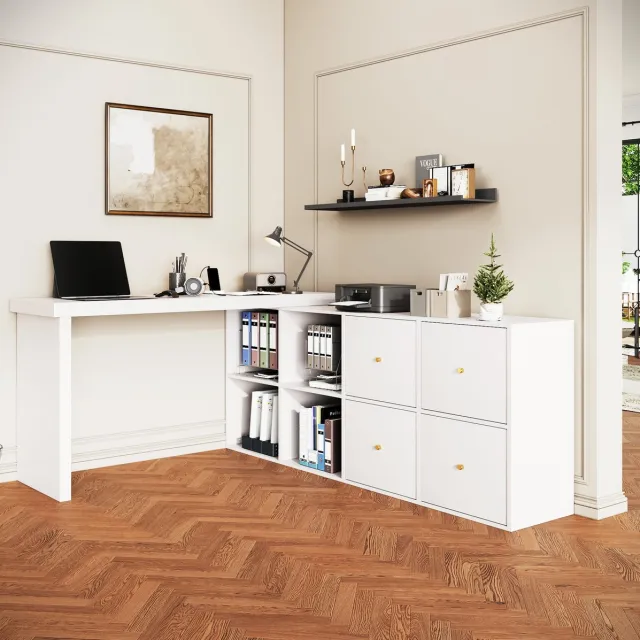STILVORA Bureau - Draaibaar Hoekbureau Met 4 Lades En 4 Vakken - Flexibel Voor Thuiswerkplek En Kantoor - MDF - 140x120x78 Cm - Wit