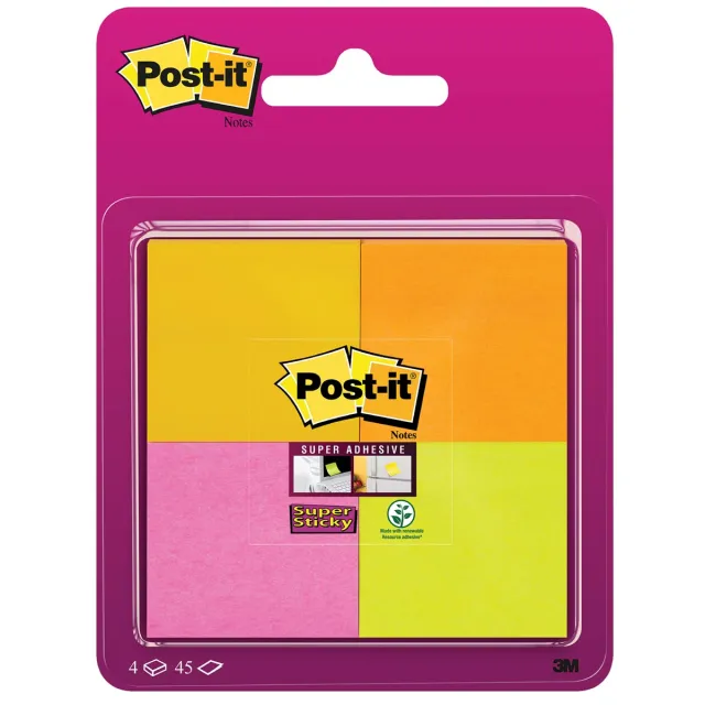 Post-it Super Sticky notes, 45 vel, ft 47,6 x 47,6 mm, blister van 4 blokken in geassorteerde kleuren geel