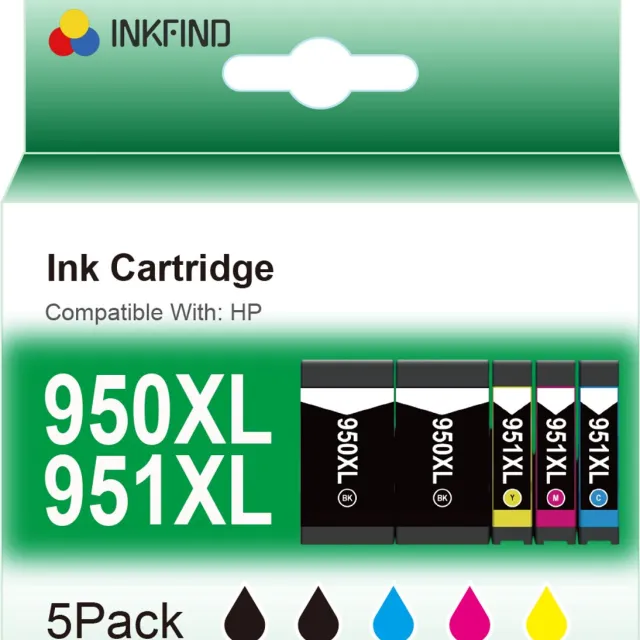 INKFIND 950XL 951XL inktcartridge voor HP 950XL HP950X HP 951XL HP951X HP 950 HP950 HP 951 HP951 inktcartridge multipack 5 stuks(2 x zwart, 1 xcyan/magenta/geel) geschikt voor HP OfficeJet PRO 8100, 8600, 8600 Plus, 8610, 8615, 8620, 8630, 8640, 8660 Zwart x 2, CYAAN x 1, MAGENTA x 1, GEEL x 1