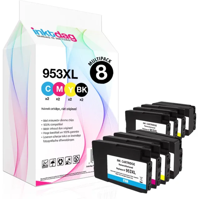inktdag inktcartridge voor HP 953/HP 953XL inktcartridges multipack, hp 953xl inktcartridges van 8 kleuren (2*BK, C, M en Y) voor HP OfficeJet Pro 8740, 8719, 8720, 8710, 8715, 8725, 7740, 8218, 8718, 8210, 8716, 8730, 8728 (All-in-One) 2 x zwart