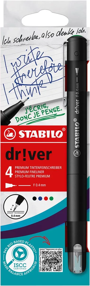 Stabilo dr!ver fineliner, fijne punt, geassorteerde kleuren, blister van 4 stuks blauw