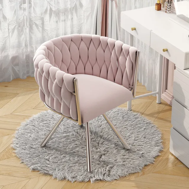 COVREO Schminkstoel 59 x 54 x 72 cm - roze fluwelen bekleding, metalen frame, 360 graden draaibaar