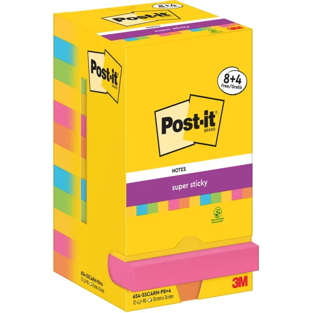 Post-it Super Sticky Notes Carnival, 90 vel, ft 76 x 76 mm, 8 + 4 GRATIS