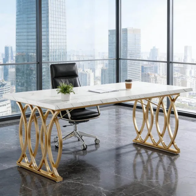 CHICFURN Bureau - Ruim werkblad - Metalen frame - Wit goud