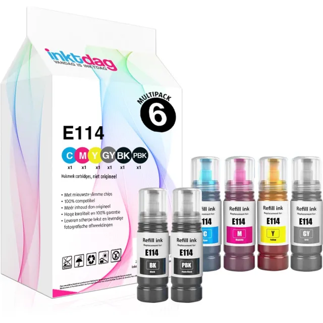 inktdag Compatibele Inktflessen voor Epson 114 inkt (6-Kleuren Multipack) voor Epson EcoTank ET-8500 Epson EcoTank ET-8550 Zwart, foto zwart, Cyaan, Magenta, Geel, Grijs