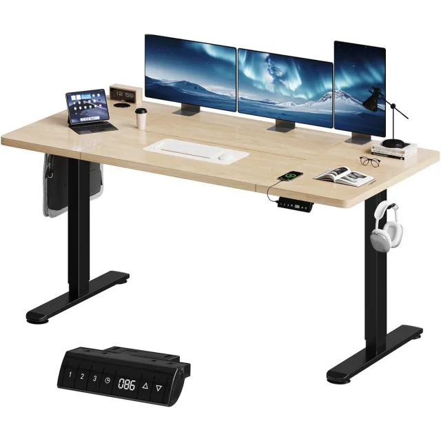 Devoko Elektrisch Zit-Sta Bureau 160x80 cm – 18 mm Dik Tafelblad – 3 Geheugenstanden – USB en Zit-alarm – Kabelmanagement – Zwart frame met houtkleurig blad Beige-Zwart