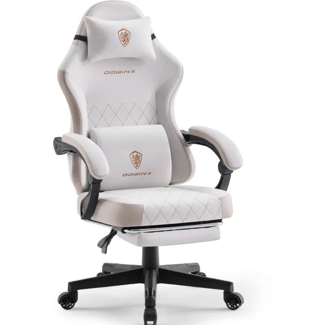Dowinx Ergonomische Bureaustoel / Gamingstoel – Pocketveren Zitkussen – Dubbel gevoerde Rugleuning & Verstelbaar Lendenkussen – Met Armleuningen en Voetensteun – PU-leer – Lichtbruin Beige