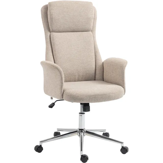 MUVANO Bureaustoel met hoge rugleuning - Chenille bekleding - Vaste gevoerde armleuningen - Zithoogte 50-60 cm - Draaibaar met schommelfunctie - Thuiswerkplek beige