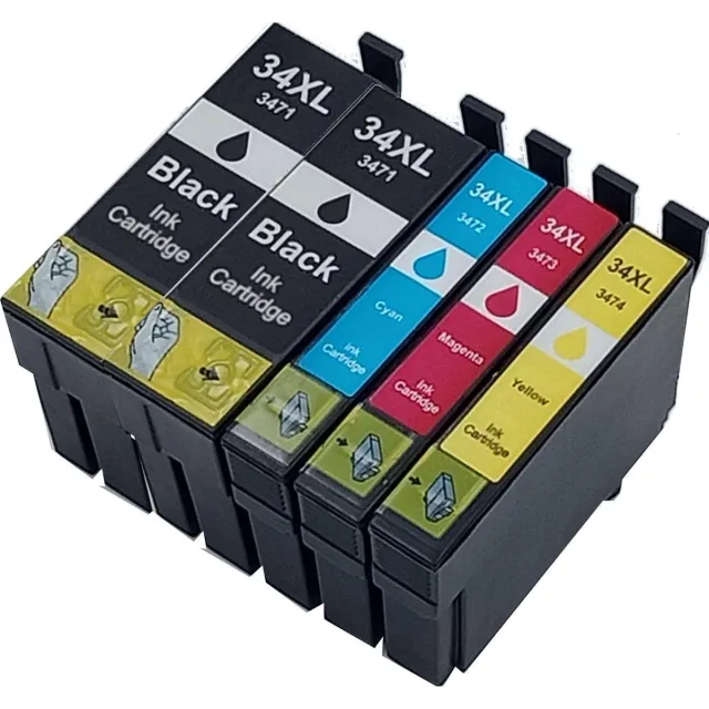 KATRIZ huismerk ink Epson 2x T3471XL Zwart + 1x T3472XL Cyaan + 1x T3473XL Magenta + 1x T3474XL Geel | 5 stuks Zwart, Cyaan, Magenta, Geel