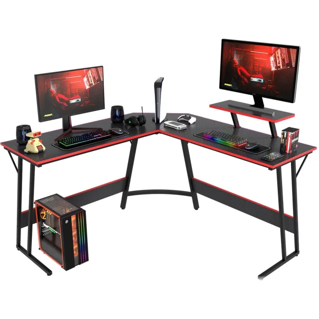 Unyqoos L-vormige bureauhoek, 128 x 128 x 90 cm, multifunctioneel bureau met monitorstandaard voor werk en spel (Zwart)