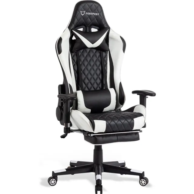 FOXSPORT Game Stoel - Gaming Stoel - Gaming Chair - Bureaustoelen - Bureaustoel Met Nekkussen & Verstelbaar Rugkussen - Instelbare Zithoogte - Gaming Accesoires - Met beensteunen - Wit/Zwart Wit pedal