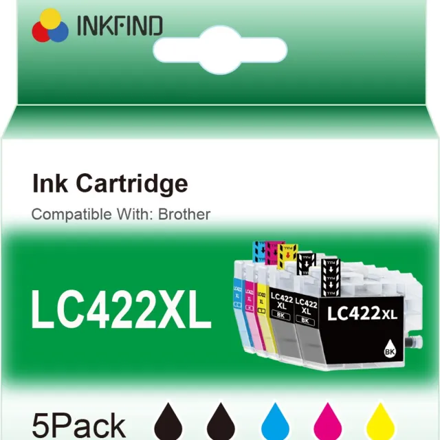 INKFIND LC422XL inktcartridge Geschikt voor BrotherLC422 Brother LC422 LC422XL Brother LC-422 Brother LC-422XL multipack 5 stuks (2 x zwart 1 x cyaan 1 x magenta 1 x geel) voor Brother MFC-J5340DW MFC-J5345DW MFC-J5740DW MFC-J6540DW MFC-J6940DW Zwart x 2, CYAAN x 1, MAGENTA x 1, GEEL x 1