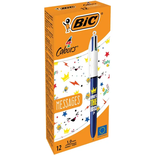 Bic Colours Messages 4-kleurenbalpen, medium, klassieke inktkleuren, doos van 12 stuks blauw