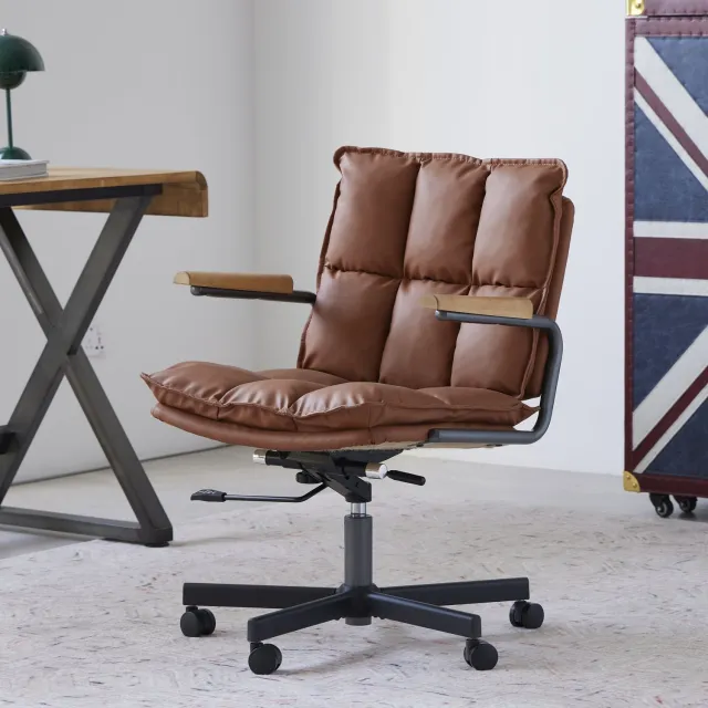 Wishdor Bureaustoel - In hoogte verstelbaar en 360° draaibaar - Met wielen en armleuningen - Kunstleren bekleding - Bruin - Voor thuiswerkplek en kantoor - 65 x 46 x 72 cm