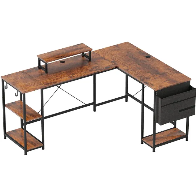 Merax L-Vorm Gaming Bureau 168x120 cm Verstelbaar Hoekbureau met Monitorstandaard en Opbergvakken – Rustiek Bruin – Omkeerbaar Computertafel voor Thuis en Kantoor