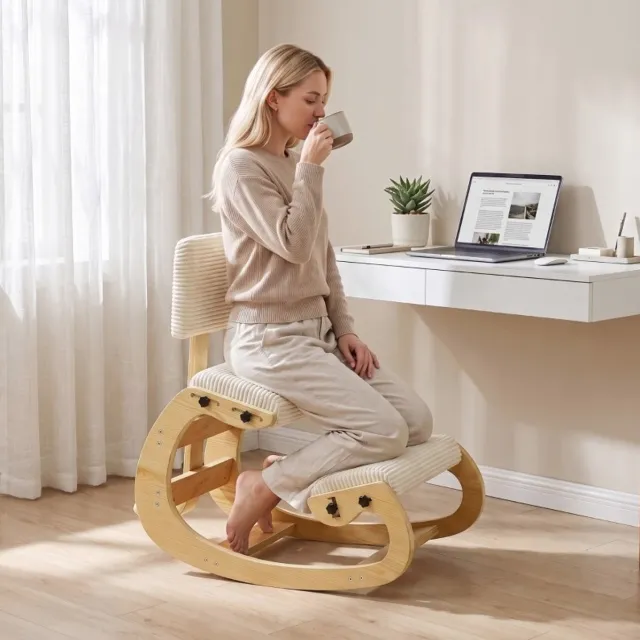 OKWISH Bureaustoel – Ergonomische Kniestuhl met Rugleuning – Met Brede Knie- En Rugsteun Voor Thuis, Kantoor En Meditatie – Ribstof – Cream White Crèmewit