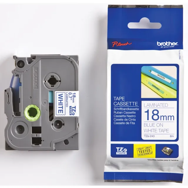 Brother TZ-243 18mm - blue on white - laminated(8m) Blauw