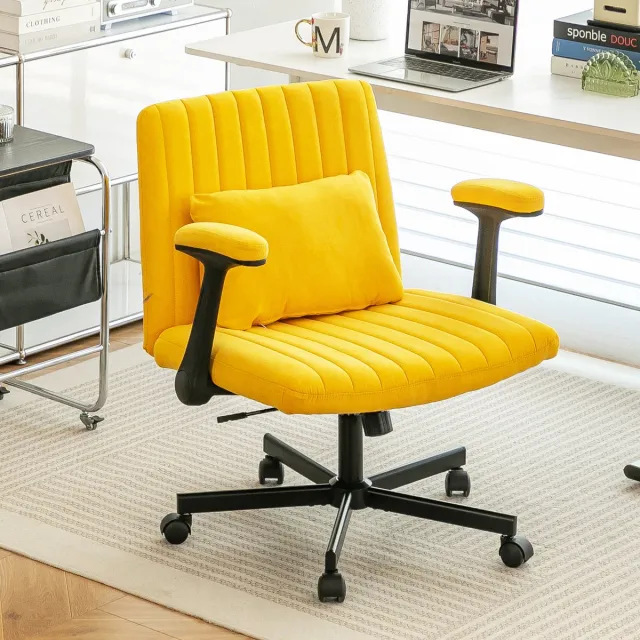 Wishdor Bureaustoel - Hoogteverstelbaar en draaibaar - Klapbare armleuningen - Veloursstof - Geel - Met stille wielen voor home office en kleine ruimtes Yellow