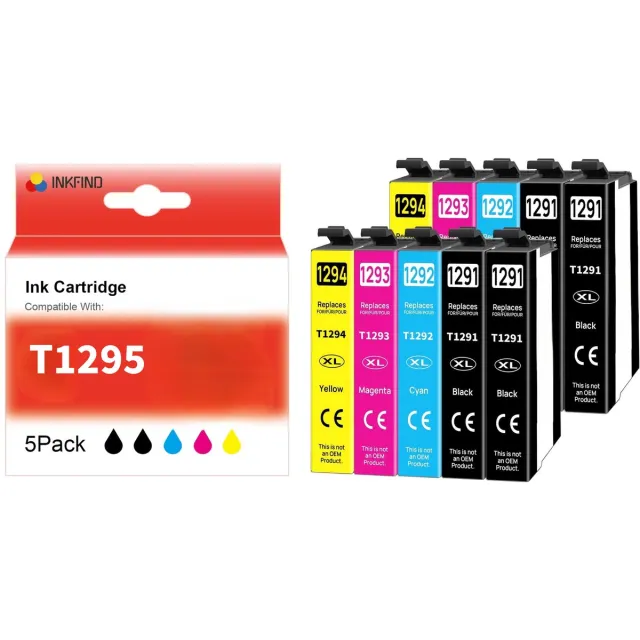 INKFIND T1295 Inktcartridges voor Epson T1291 T1292 T1293 T1294 | Multipack van 10 stuks = 2 x 5 Pack (Zwart x 4, Cyaan x 2, Magenta x 2, Geel x 2) Geschikt voor Stylus SX230/SX235W/SX420W/SX425W/SX435W/SX440W/SX445W/SX525WD/SX535WD/SX620FW