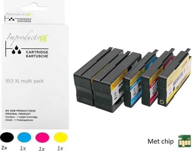 Improducts Inkt cartridges - Alternatief Hp 953 XL 953XL XXL set + zwart Multicolor - Zwart (2x), Cyaan, Magenta, Geel