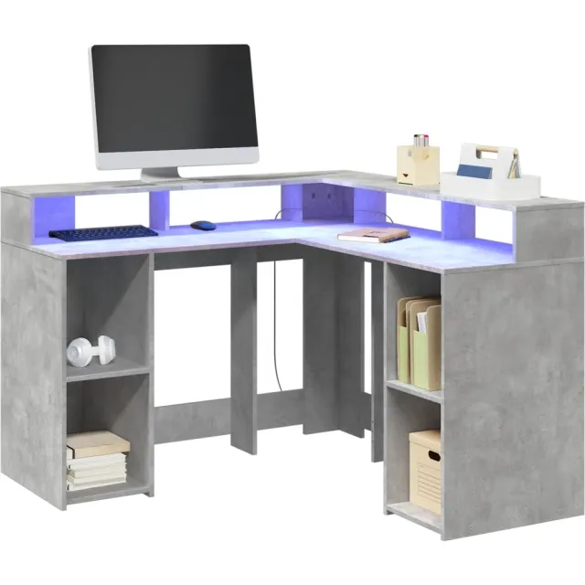 vidaXL Bureau met LED-verlichting 130x130x91 cm hout betongrijs