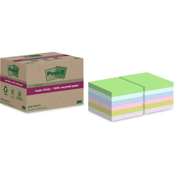 Post-It Memoblok Post-it 654 RSS12COL 76x76mm recycled colour notes pastel 12 stuks