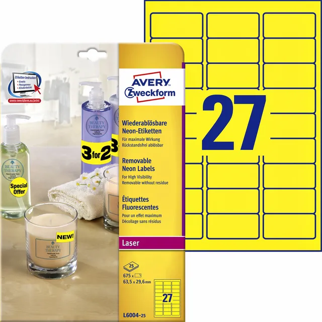Avery Etiket Avery L6004-25 63.5x29.6 neon geel 675 stuks