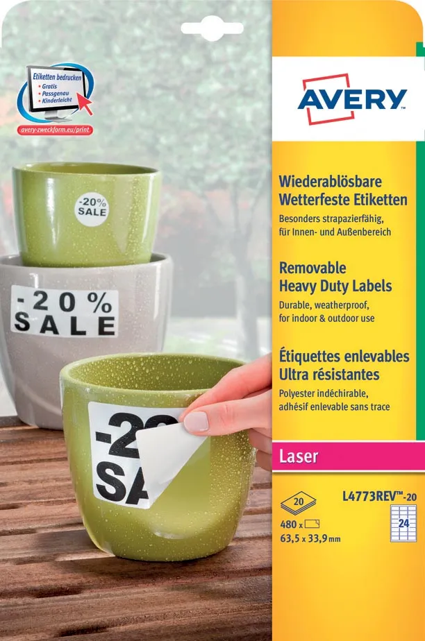Avery Zweckform Avery afneembare weerbestendige etiketten Ft 63,5 x 33,9 mm (b x h), wit, doos van 480 etiketten