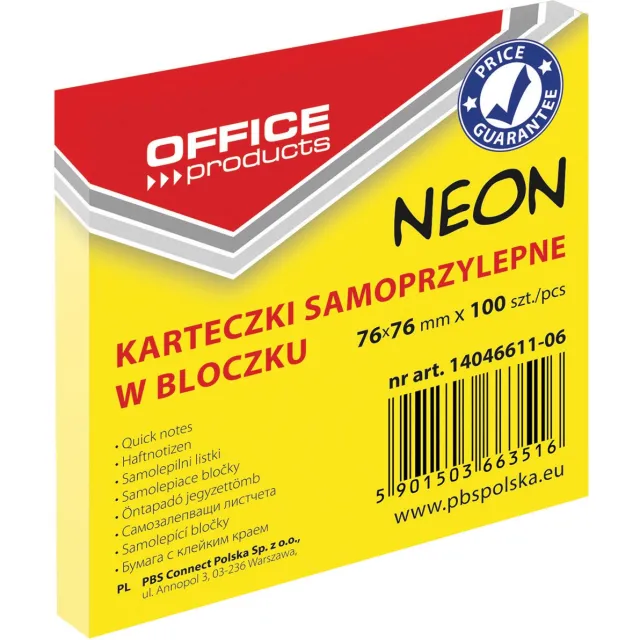Office Products memoblok Neon, 76 x 76 mm, 100 vel, neongeel