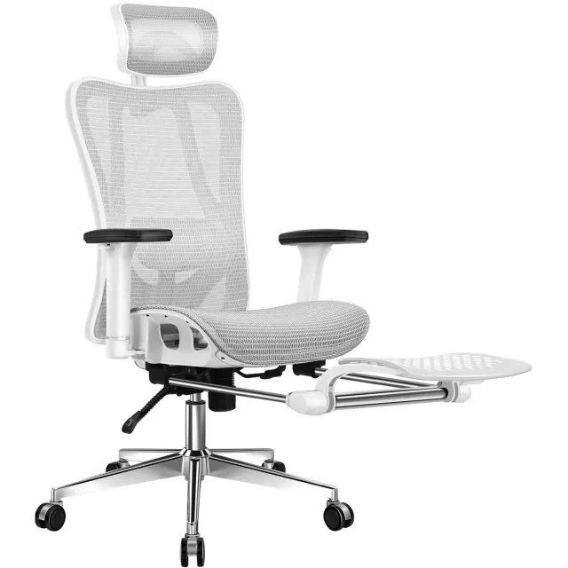 Alfordson Kantoorstoel, ergonomische mesh-stoel met 3D-armleuningen, kantelbare directiestoel met verstelbare hoofdsteun en voetsteun grau