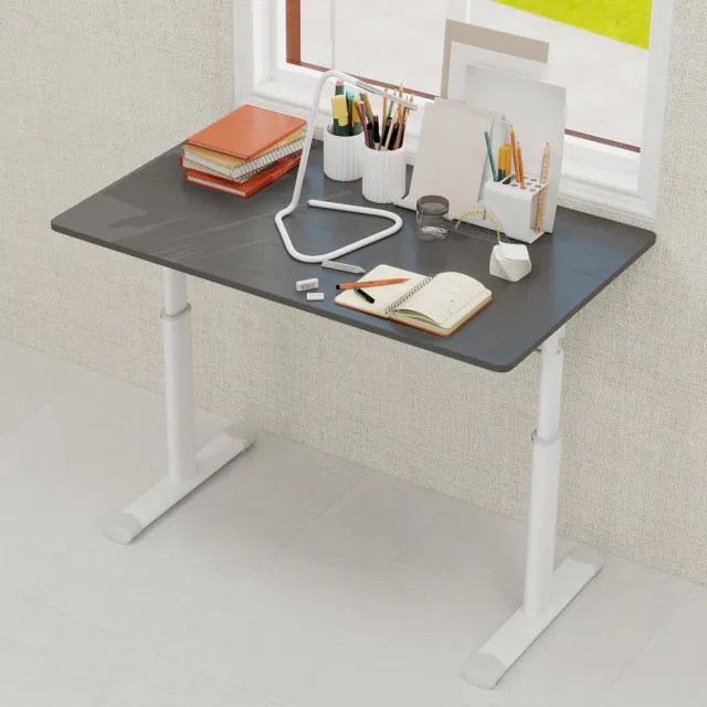 OKWISH Bureau Zit Sta Verstelbaar Met Handslinger Voor Thuiswerk En Studie Grijs Metaal En Hout Compact Ontwerp