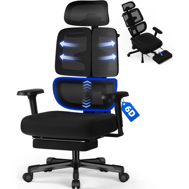Hiaonyx bureaustoel met voetensteun–Ergonomische bureaustoel voor Volwassenen–6D Armleuningen–3D Hoofdsteun–Drievoudige Rug-en Lendensteun–Verstelbare Rugleuning tot 160°-Zwart