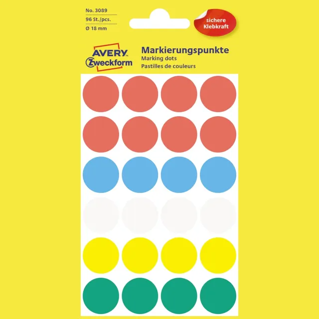 Avery Zweckform Avery Ronde etiketten diameter 18 mm, geassorteerde kleuren, 96 stuks