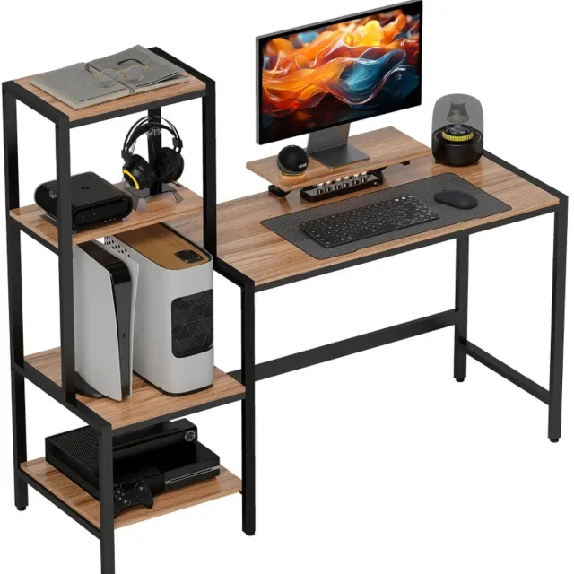 ZYLARO Computerbureau met Monitorstandaard - Bureau met 4-laags Plank - Werktafel - Computer Tafel - Bureautafel - Desk - Game Bureau - 150B x 48T x 125H cm - Bruin Bruin + Zwart