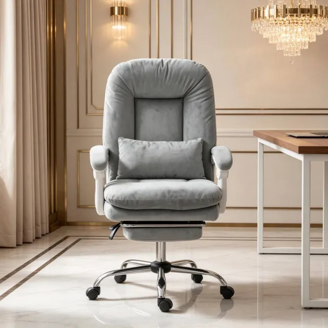 REDOM Ergonomische bureaustoel - Kantelbaar tot 155° - Verstelbare zithoogte - Uitschuifbare voetsteun - Lendensteun - Met armleuningen - Velvet - Grijs - 64 x 70 x 108-116 cm