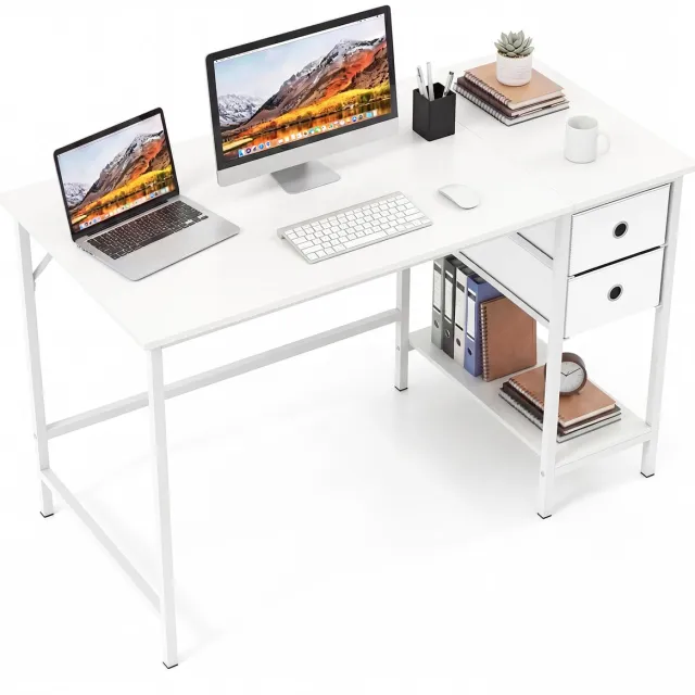 Costway Bureau met 2 laden, 120 cm lange computertafel met hoofdtelefoonhaak en opbergvak, bureautafel, grote pc-tafel, werktafel voor kantoor, thuis (wit, 120 cm breed)