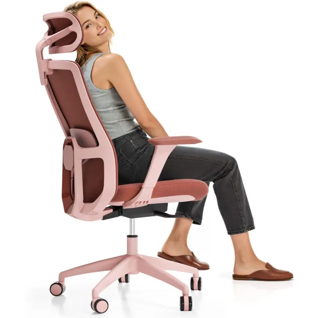 Desktronic SitOne Ergonomische Bureaustoel - Bureaustoelen voor volwassenen - Bureau stoel voor kantoor, gaming - 4D lendensteun systeem - Armleuningen 4D - Rugleuning 98° tot 135° - heeft BIFMA en .IGR ergonomiecertificering - Roze