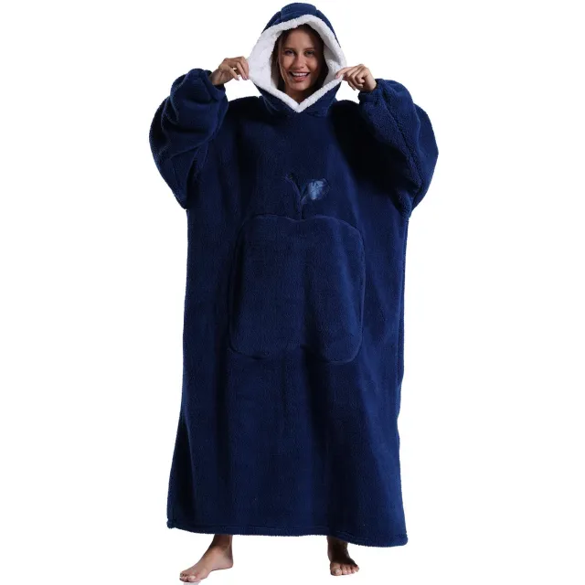 Famanu Extra lange hoodie-deken, draagbare deken met mouwen voor vrouwen en mannen, met enorme zak en capuchon, perfect voor comfort tijdens koude dagen Zwart