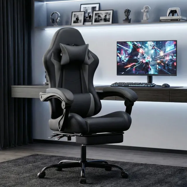 OKWISH Gamingstoel - Ergonomisch Met Hoofdsteun En Lendensteun - Verstelbaar Met Voetensteun - PVC - Zwart Grijs Zwart + Grijs