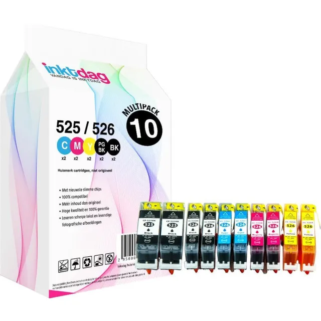inktdag inktcartridges voor Canon PGI-525xl / CLI-526xl, multipack van 10 stuks voor Pixma IP4800, IP4850, IP4950, IX6550, MG5150, MG5200, MG5250, MG5300, MG5320, MG5350, MG6150, MG6250, MG8150, MG8250, MG715, MX715, MX884, MX885, MX895 black