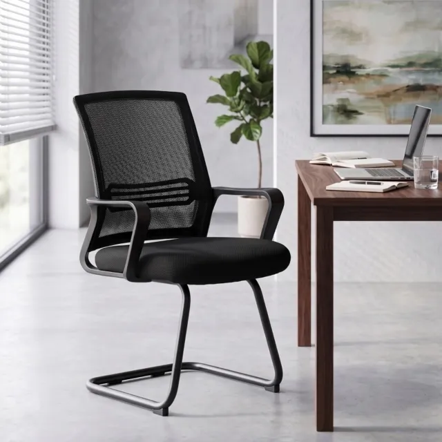 MODENUIT Vergaderstoelen Set Van 2 - Armleuningen En Sledeframe - Voor Wachtruimte - Mesh En Metaal - Zwart