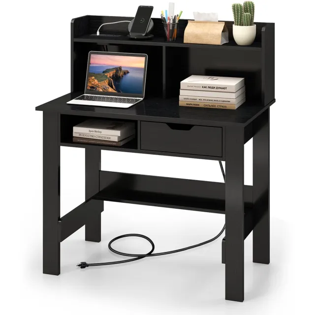 Costway Bureau met stopcontacten, kleine computertafel met opzetstuk, open vak en lade, pc-tafel, kantoortafel voor thuiskantoor, 95 x 56 x 109,5 cm, wit (zwart)