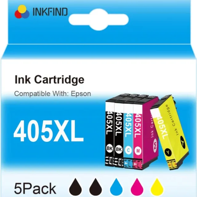 INKFIND 405XL inkt voor Epson405 Epson 405 Espon405XL 405XL multipack van 5 stuks (Zwart*2, C/M/Y*1) geschikt voor printers Epson WorkForce Pro WF-3820 DWF, WF-3825 DWF, WF-4820 DWF, WF-4825 DWF,WF-4830 DTWF, WF-7830 DTWF, WF-7835 DTWF, WF-7840 DTWF Zwart x 2, Cyaan x 1, Magenta x 1, Geel x 1