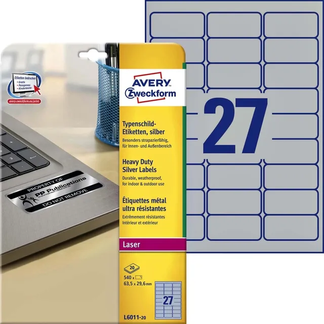 Avery Etiket Avery L6011-20 63.5x29.6mm zilver 540 stuks