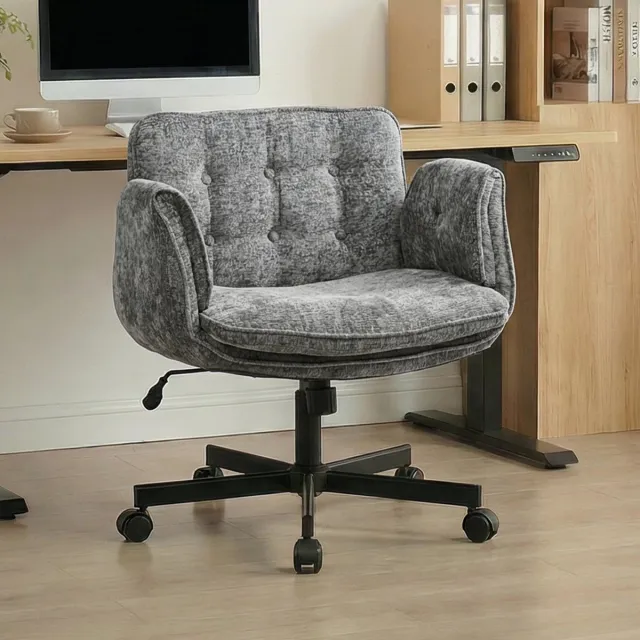 Vankel Ergonomische Bureaustoel - Fauteuilstoel - 5-Standen Verstelbare Armleuningen - Brede Zitting - Dubbel Memory Foam - Verstelbare Rugleuning - 360° Draaibaar en Hoogte Verstelbaar - Computerstoel/Studeerstoel-Donkergrijs