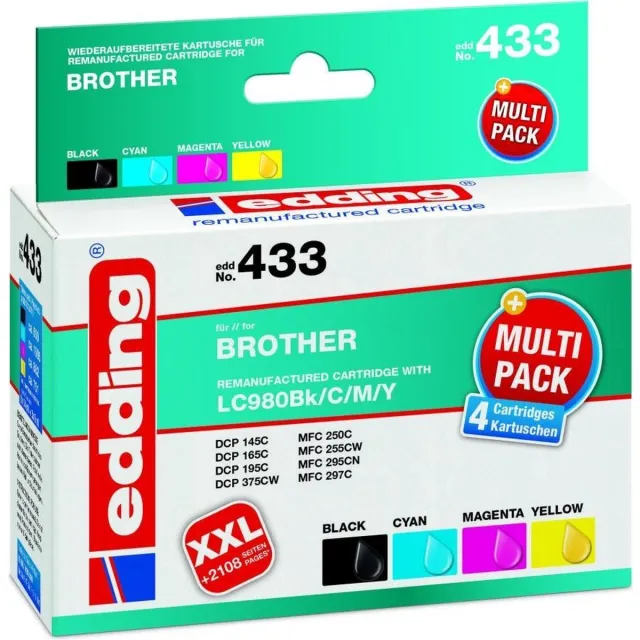 Edding Inktcartridge vervangt Brother LC-980BK, LC-980C, LC-980M, LC-980Y Compatibel Combipack Kleur EDD-433 18-433 Zwart;Cyaan;Magenta;Geel