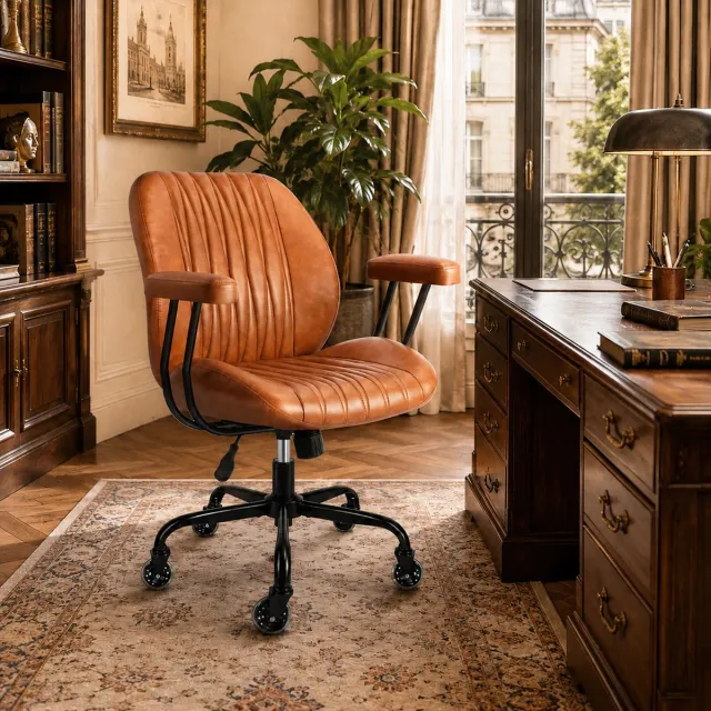Durrafy Ergonomische Bureaustoel - Office Chair - Bureaustoelen voor Volwassenen - 10 cm Dik Zitkussen - Afneembare Armleuningen - 90°-120° Kantelbaar - Bruin